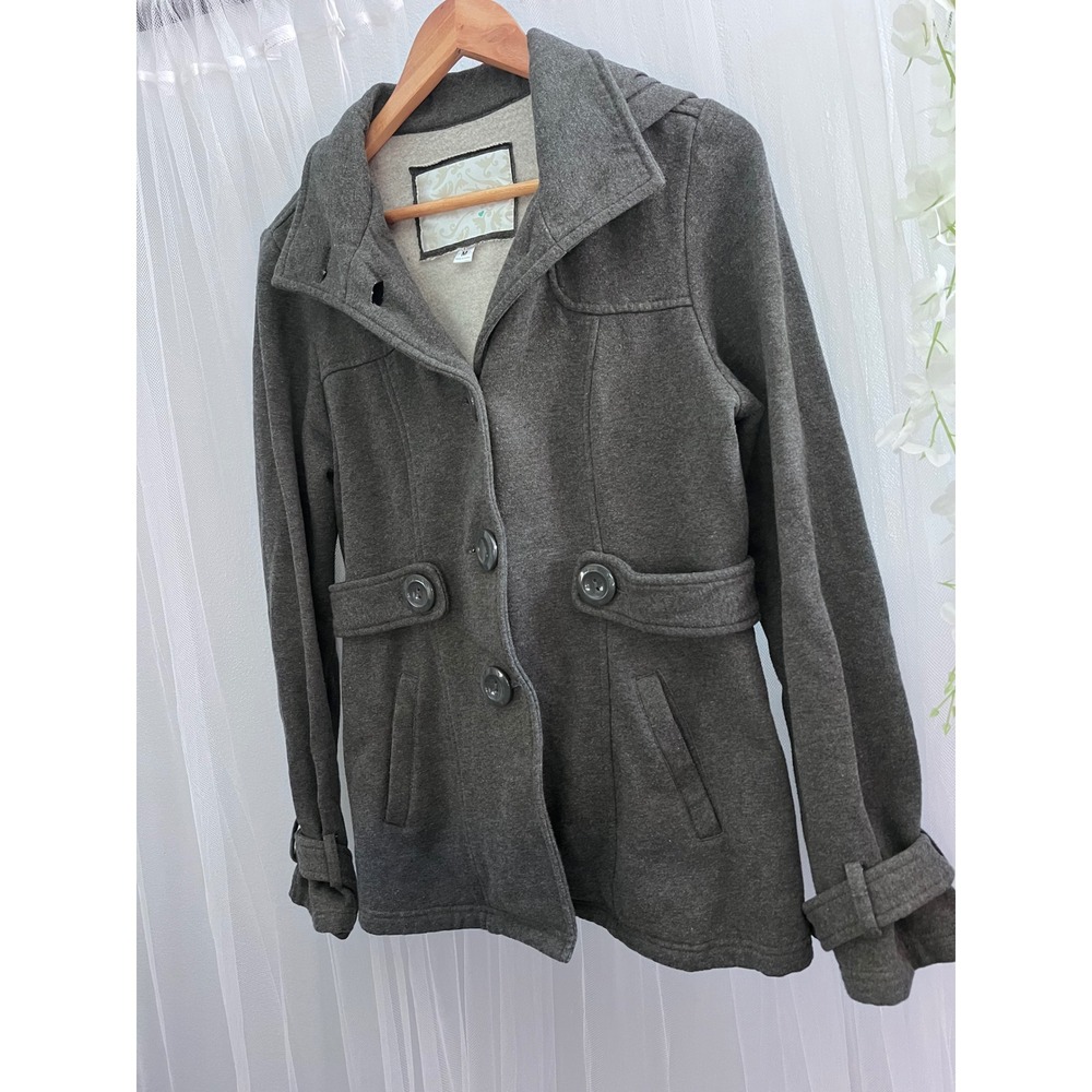 Maurices Womens Medium Gray Hooded Button Front Fleece Peacoat Jacket M